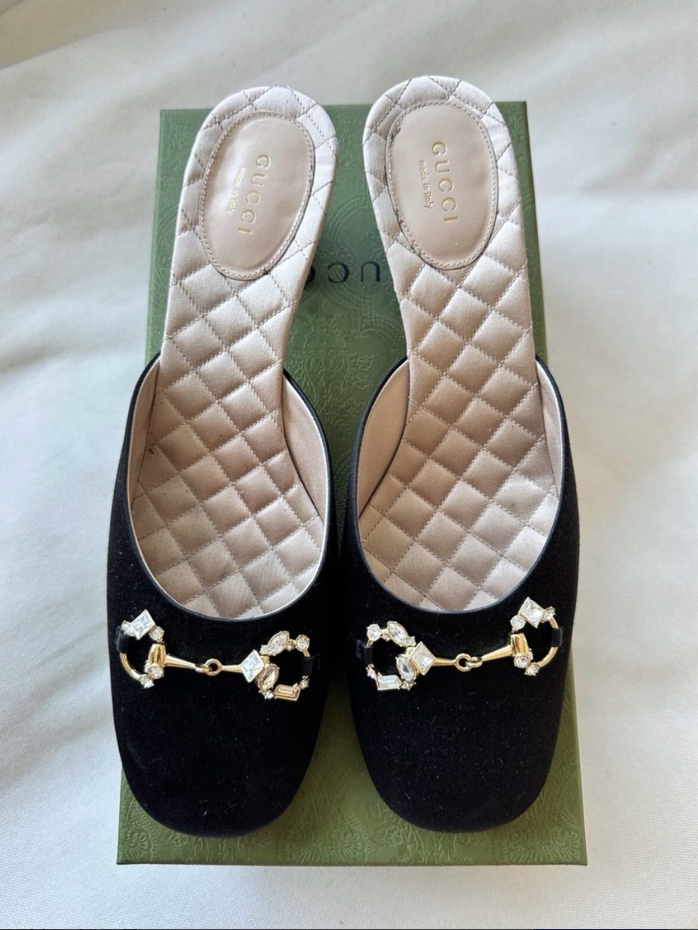 Gucci Black Crystal-Accented Quilted Insole Mule Slides